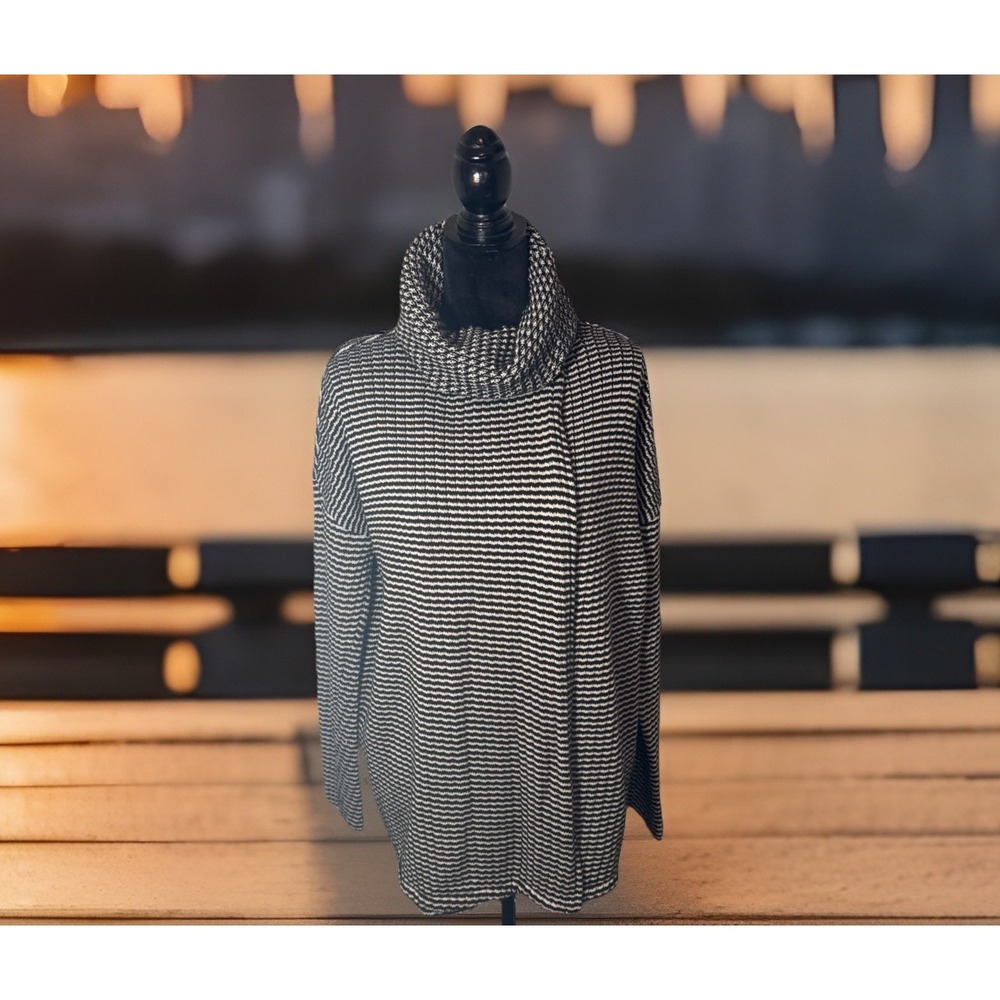 Cabi Women's XL Black White Striped Cowl Neck Split Front Back Sweater
